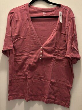 GAP Modern Ribbed V-Neck Henley Top NWT Painted Rose